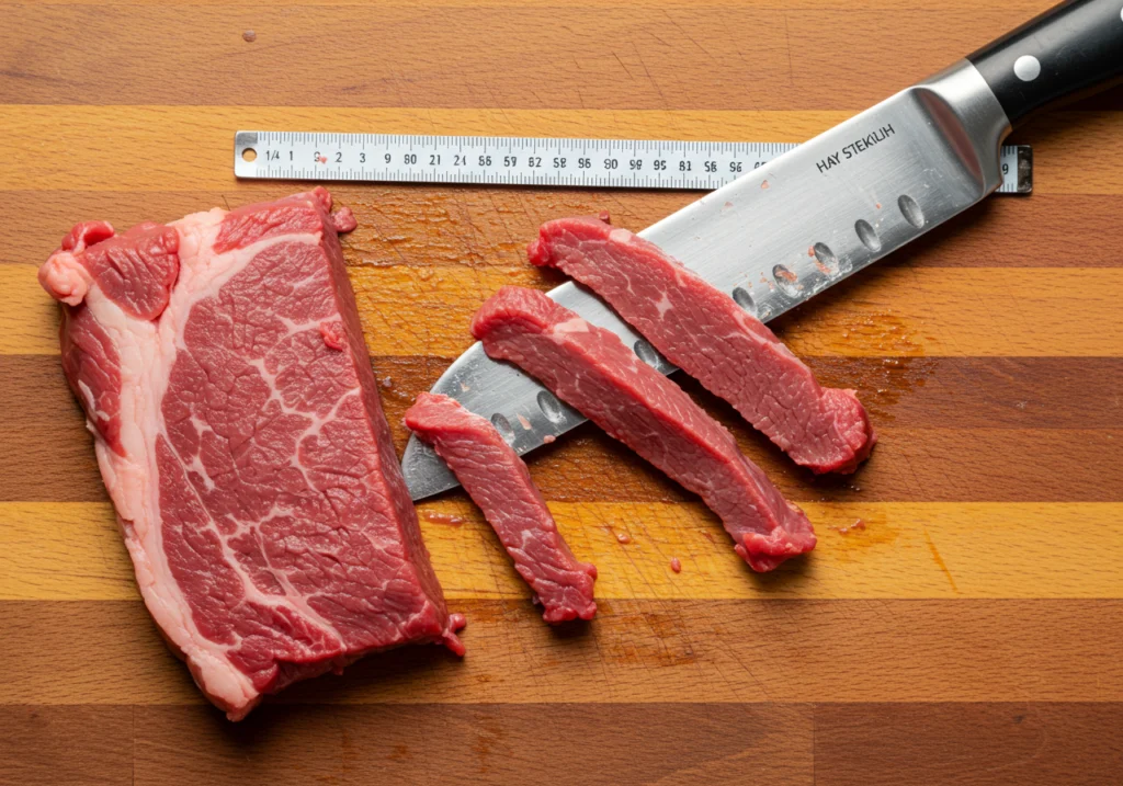 Overhead view of raw beef being sliced