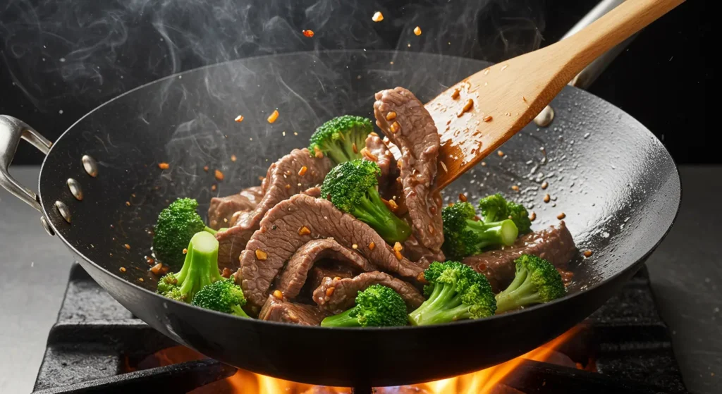 beef and broccoli being stir