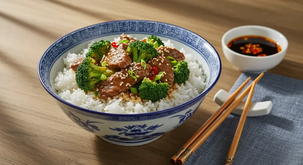 beef and broccoli served over fluffy white jasmine rice
