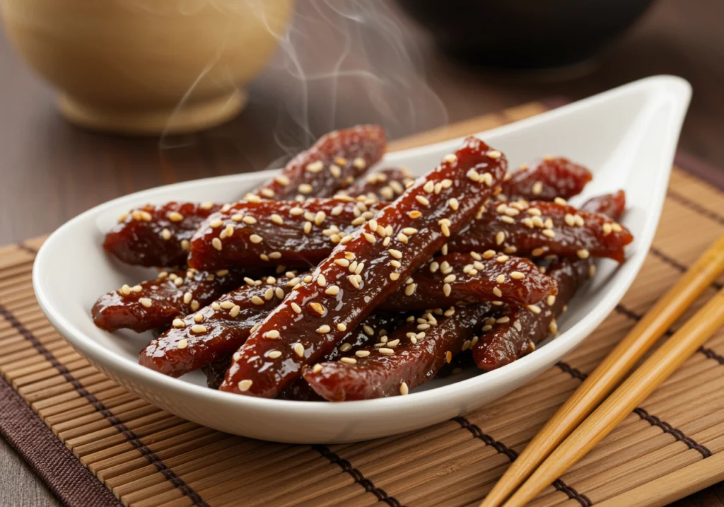 glossy teriyaki beef jerky strips