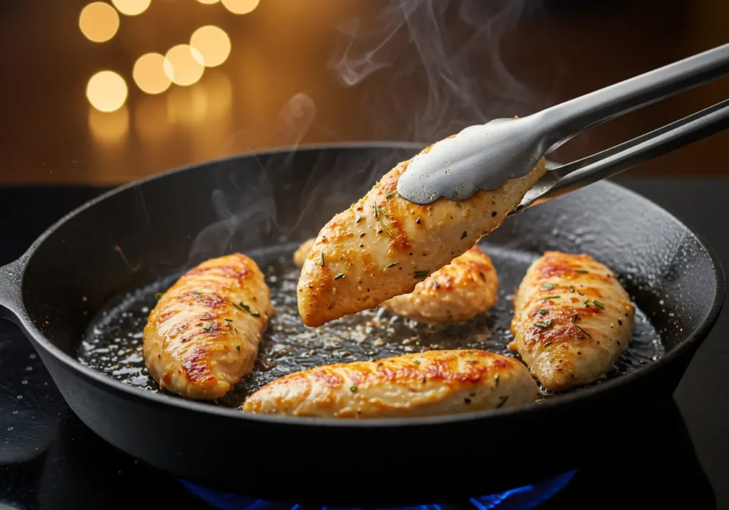 golden chicken tenderloins being pan-seared in a cast iron skillet,