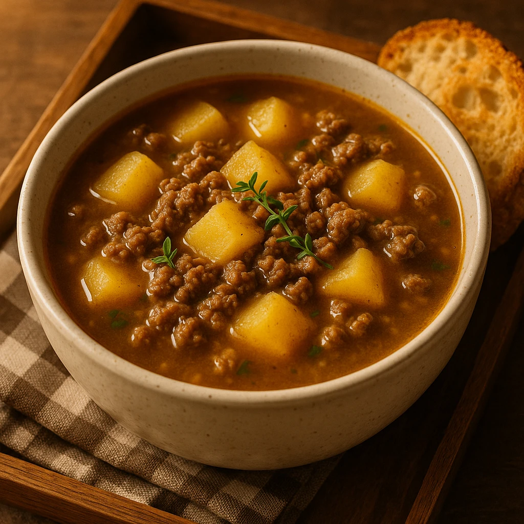 ground beef and potato soup with visible chunks of potatoes and beef