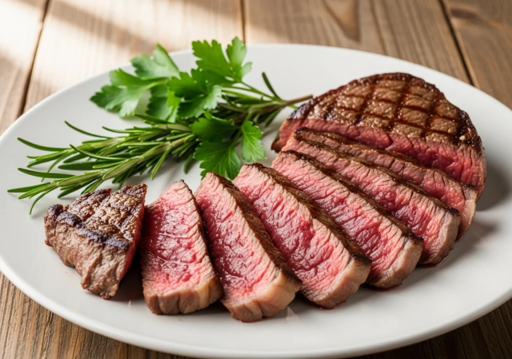 sliced medium-rare steak