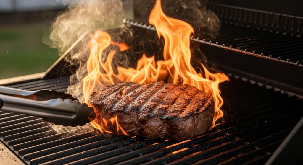 thick ribeye steak on flaming 